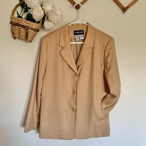 100% Pure Wool Tan Blazer Jacket, 3 Buttons, Shoulder Pads, Sag Harbor Petite 14